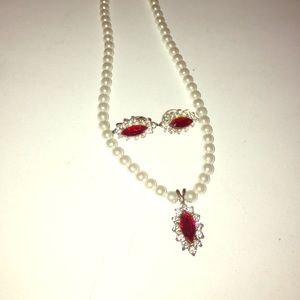FAUX ruby diamond pearl necklace and earring set