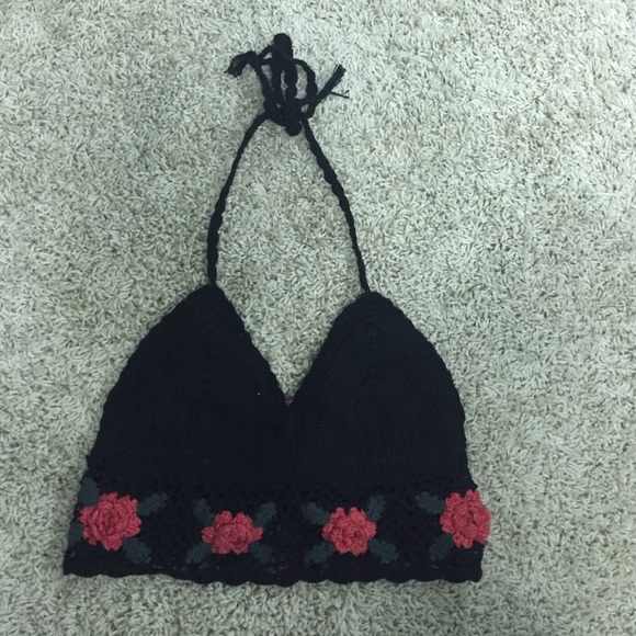 Urban Outfitters Black Crochet Rose Halter