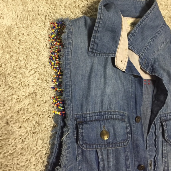 Free People Sleeveless Beaded Denim Shirt