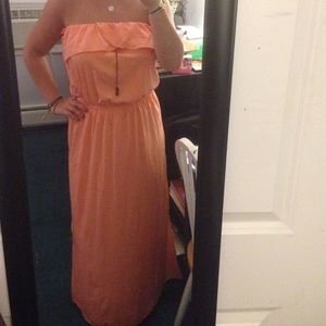 Peach maxi dress with slit at the ankles