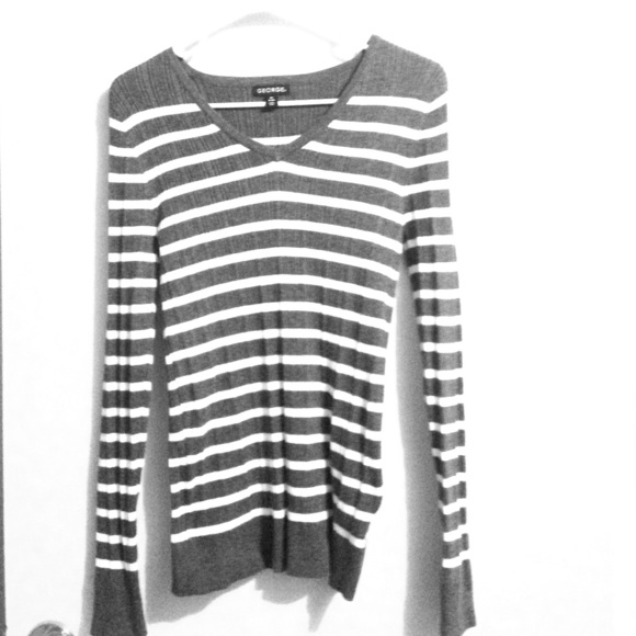 white and grey striped v neck sweater