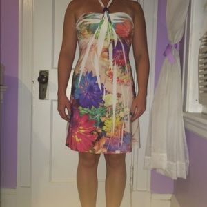 Bright floral halter dress! Summer cocktail!