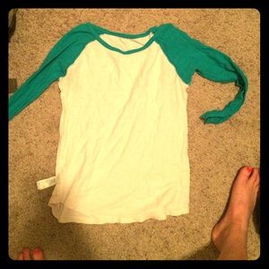 Baseball t-shirt; forever 21; med; teal sleeves.