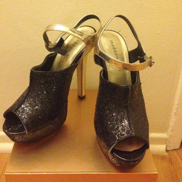 Strappy black glitter and gold peep toe heels - Picture 1 of 2