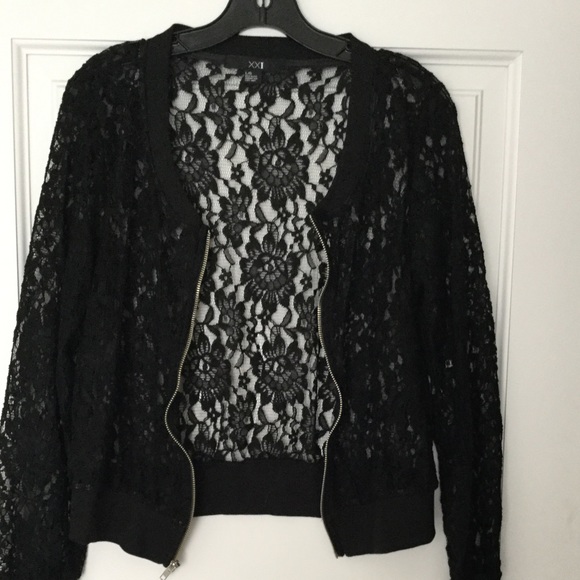 Forever 21 Tops - Black Lace Bomber Zip Cardigan
