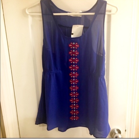 Love Tree Happens Tops - Royal Blue Tank Top with Aztec Stitching