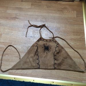 Genuine leather vintage embroidered halter crop