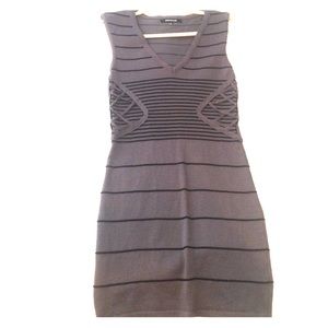 Fitted Gray and Black Striped V-Neck Dress