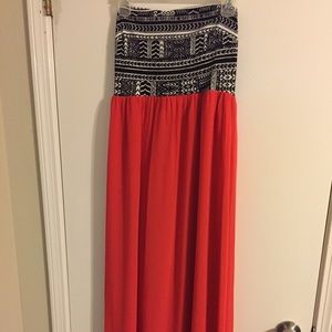 Black & white strapless top with red bottom Maxi