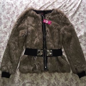 Faux Fur Jacket with Stud Belt