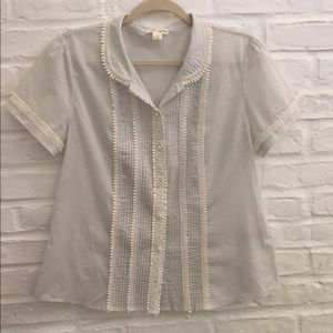 J. Crew soft gray and white blouse.