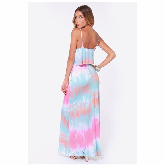 Tie dye maxi dress pink blue flowy