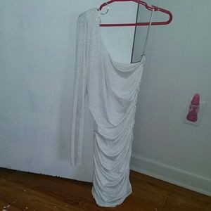 One arm, long sleeve white dress