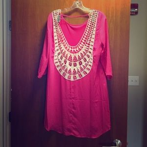 3/4 sleeve crochet back pink shift dress