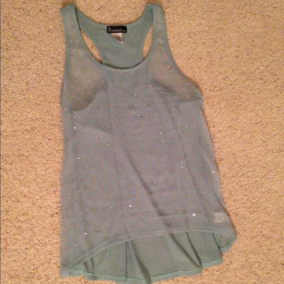 Mint blue chiffon tank with rose gold beading!