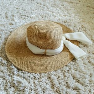 Sun hat with cream sheer scarf.