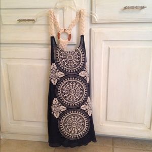 Boho embroidered tank blue cream