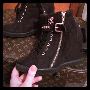 High Heel Wedge Sneakers with Gold Studded Trim