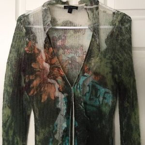 Long knit cardigan wool blend w printed graphic
