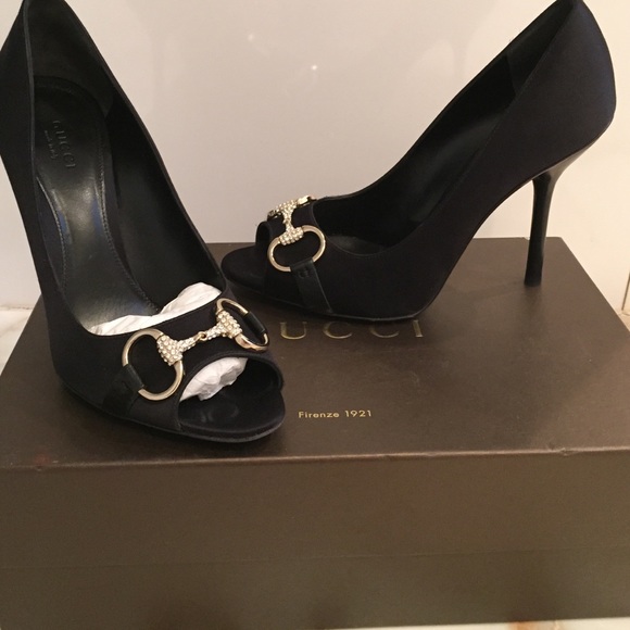 Gucci black satin heels with rhinestone bar