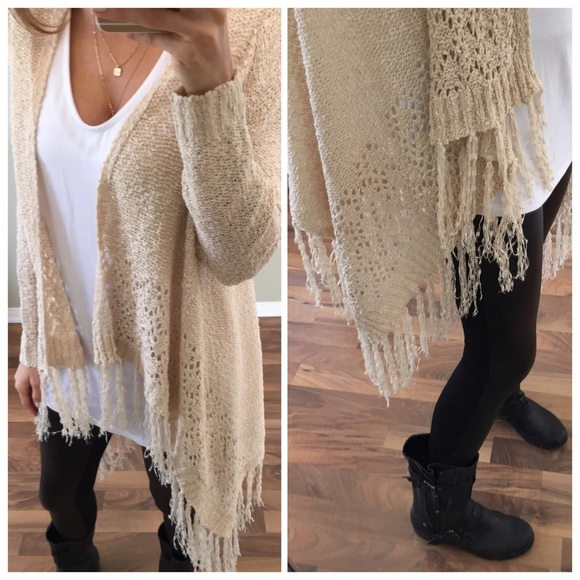 Sold • Taupe Fringe Cardigan Sweater - Picture 2 of 4
