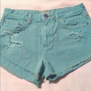 Free People Teal Distressed Jean Shorts Sz 26