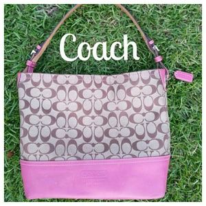 Coach Signature Pink Leather Trim Bucket Hobo Bag