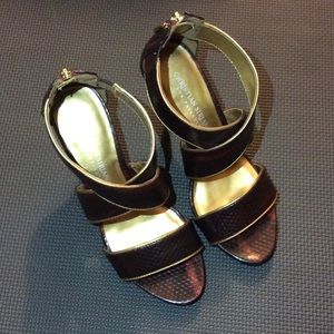 Christian Siriano gold & maroon animal print heels