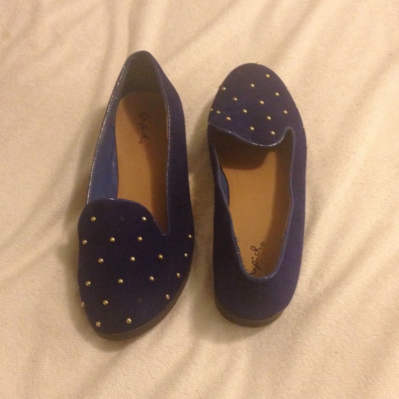 Blue suede penny loafers