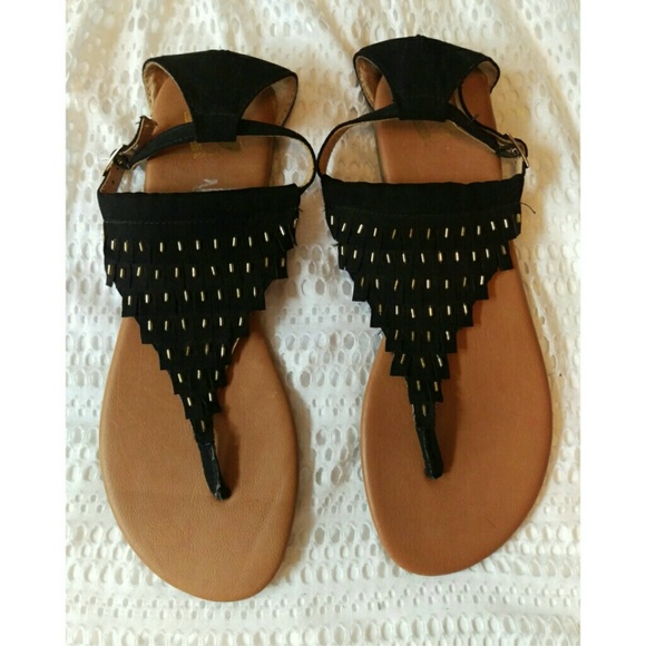 Black & Gold Ankle Strap Flat Sandals T-Strap NEW