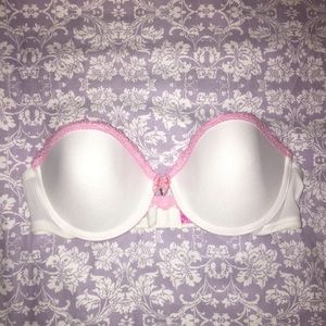 Pink and White Lace Strapless Bra