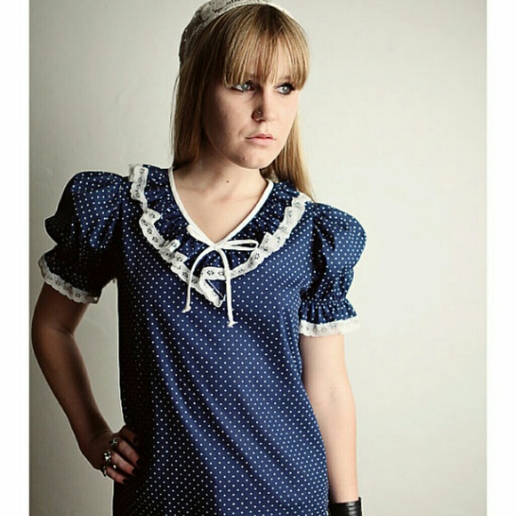 Vintage Blue POLKA DOT Pinup Ruffle Blouse