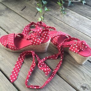 Cute Red and White Polka Dot Tie Up Wedges
