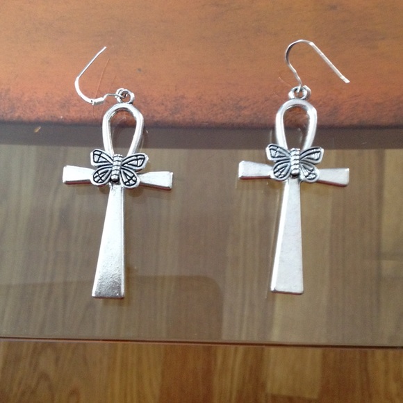 Silver Cross w/ Butterfly Earrings