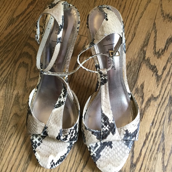 WHBM snake skin strappy heels EUC size 8.5M