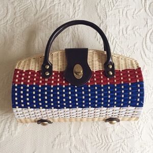 Wicker and leather woven handbag