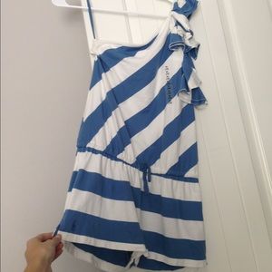 NWT Girls XL polo blue and white striped romper
