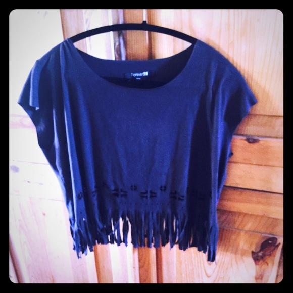 F21 Gray tribal fringe top