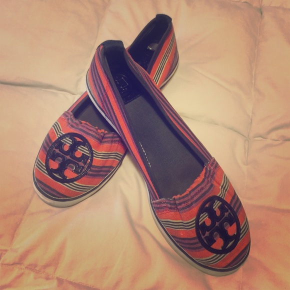 Tory Burch canvas logo flats orange/purple/navy