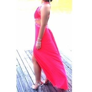 Long hot pink formal dress w silver beading!