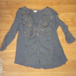 Anthropology blue embroidered gold top