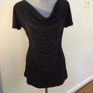Cowl neck black Tshirt draping layered chain front