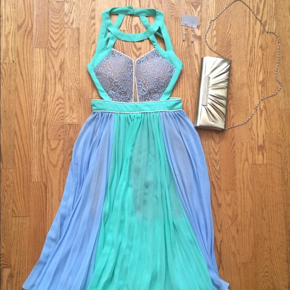 MIDLENGTH TEAL AND LAVENDER CUT OUT DRESS