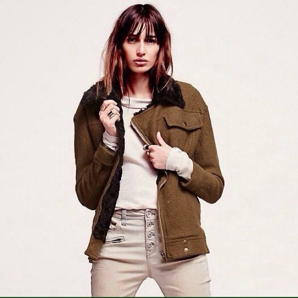 Free People Faux Fur Olive Green Moto Jacket - Picture 2 of 4