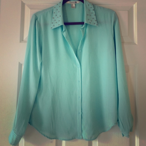 forever 21 turquoise sheer top with studs