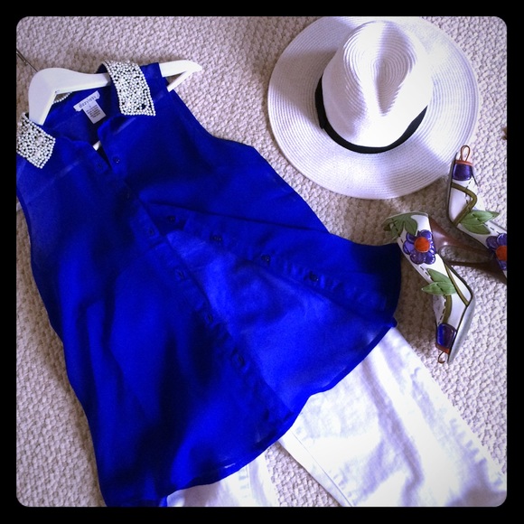 Royal blue sheer top with pearl neckline