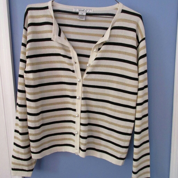 Cream & Gold Striped Button Cardigan - Picture 2 of 4