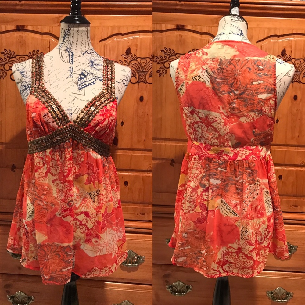 Orange print sheer babydoll shirt
