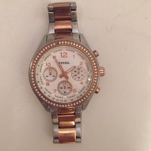 fossil rose gold and silver watch