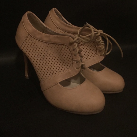 Lace up nude cutout heels